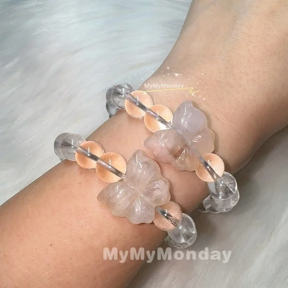 Clear Quartz with Butterfly Cherry Blossom Agate Bracelet 9mm - Picture 4 of 10
